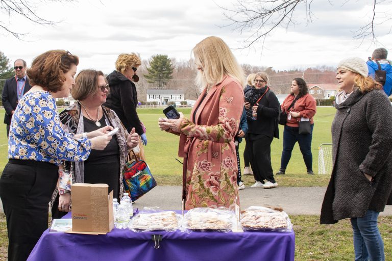 Northboro Cultural Council's Opening Day celebration for its "Go Out Doors" art installation in McAfee park, Northboro, April 9, 2022. Various "dignitaries" running for office present, artists who had created doors and friends. Cold and breezy day.