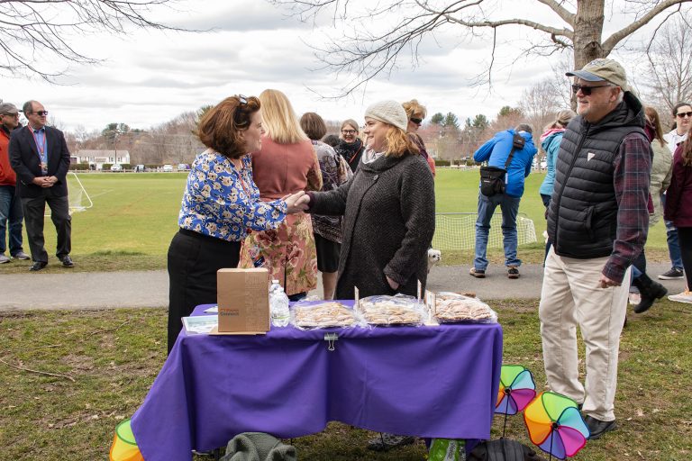 Northboro Cultural Council's Opening Day celebration for its "Go Out Doors" art installation in McAfee park, Northboro, April 9, 2022. Various "dignitaries" running for office present, artists who had created doors and friends. Cold and breezy day.